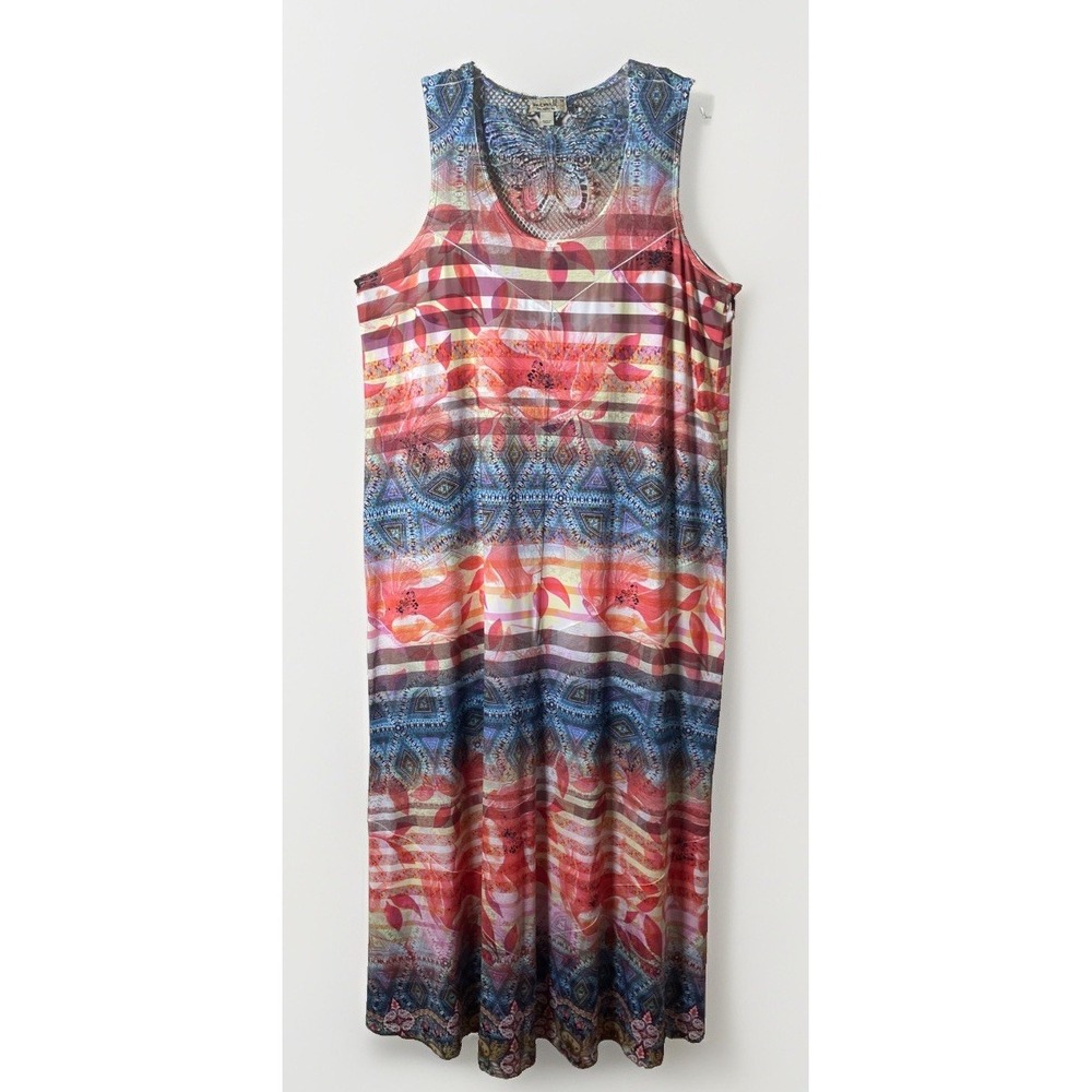 One World Women's Size 1XL Sleeveless Tropical Maxi Dress Crochet Butterfly